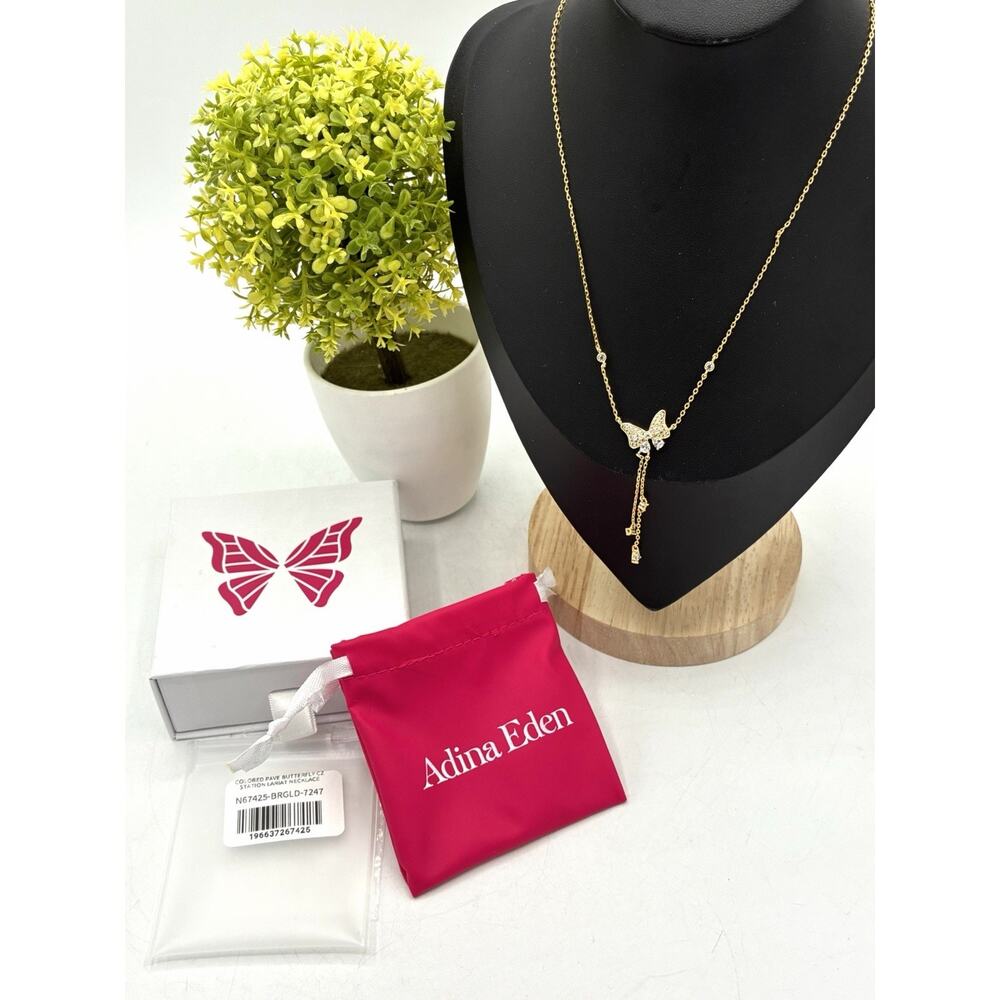Adina Eden Pave Butterfly CZ Station Lariat Necklace Gold NWT N67425-BRGLD